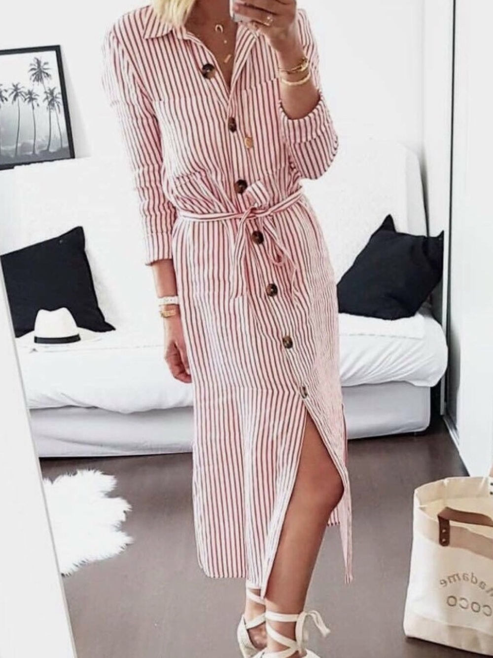 Zara Red and White Striped Maxi Shirt Dress with Waist Tie